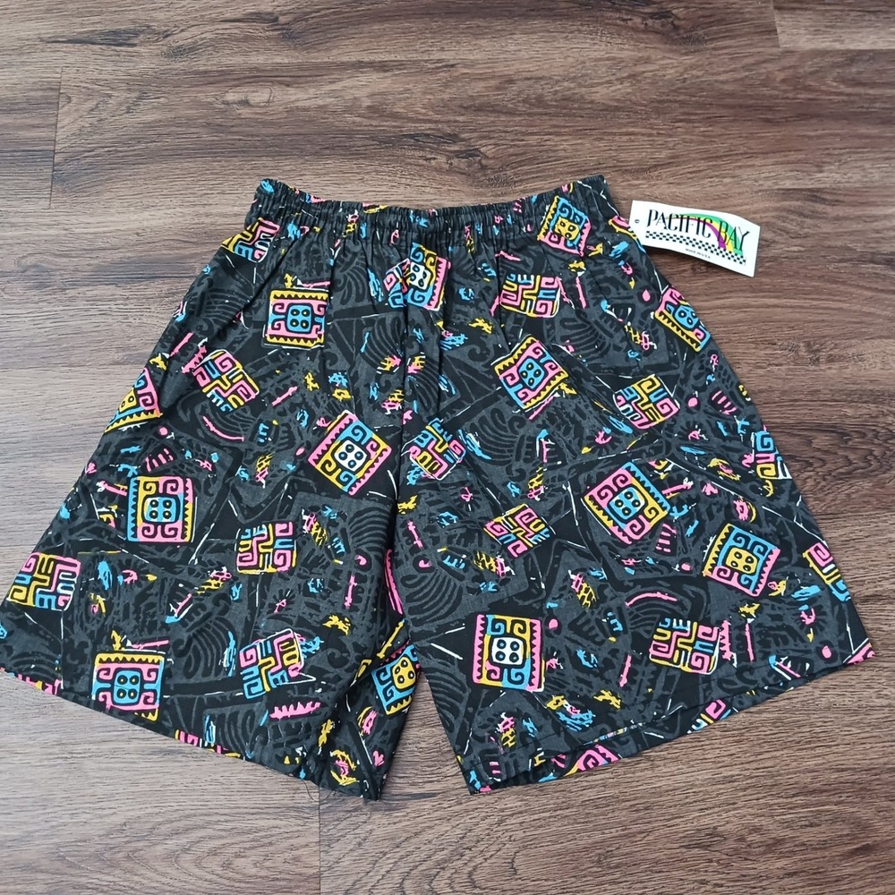 Vintage 90s Pacific Bay Neon Tribal Shorts Mens XS Large Gray Cotton Made in USA